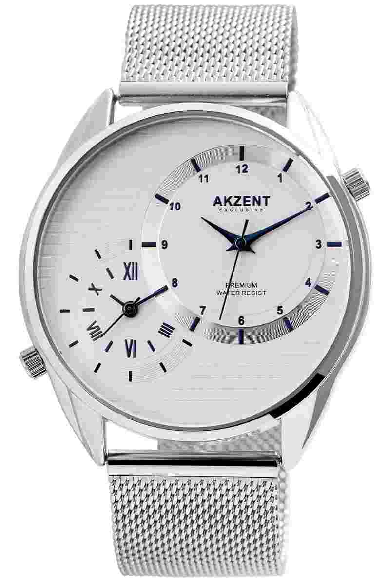 AKZENT EXCLUSIVE Men's Watch 2 Time Zones Silver Analog Mesh Strap
