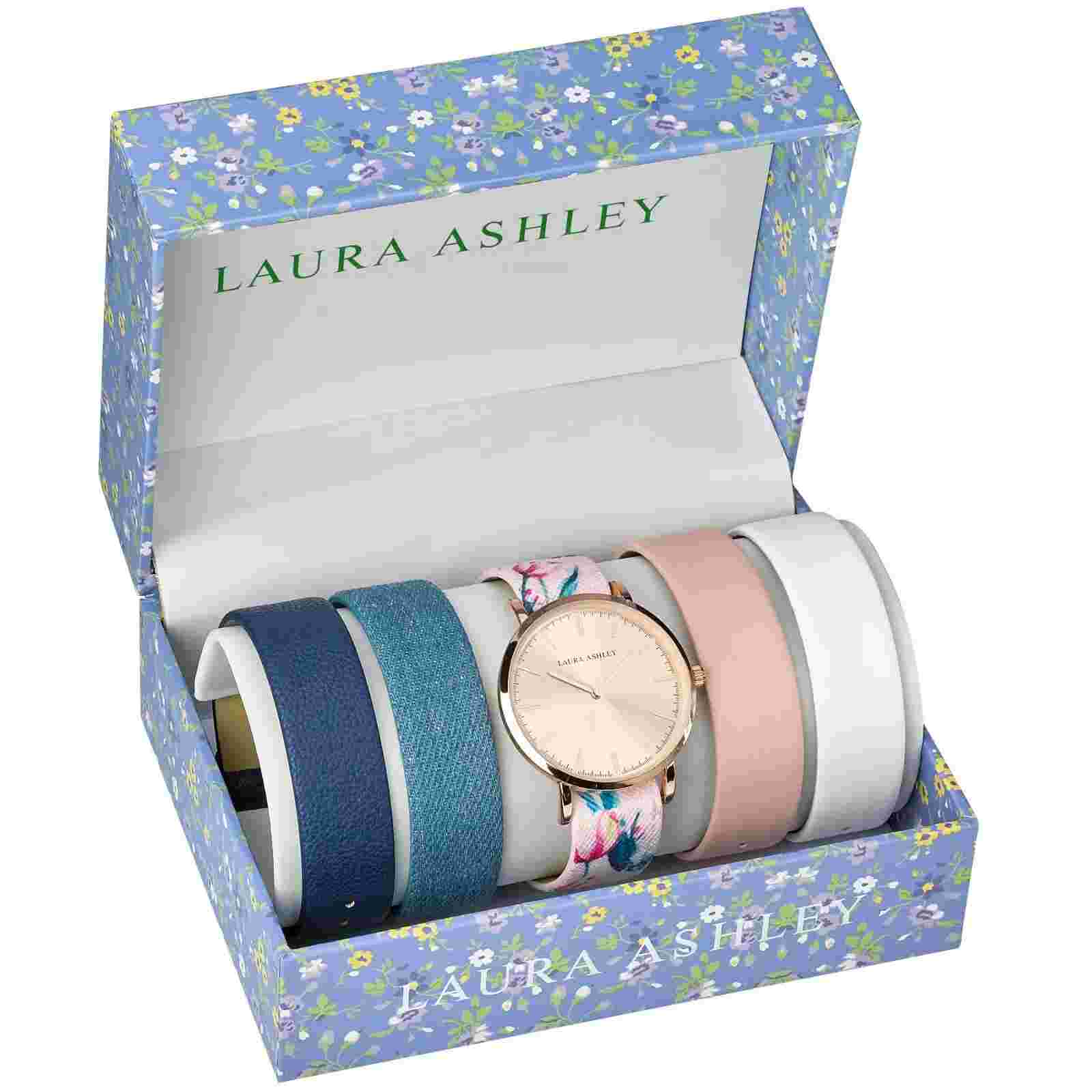 Laura Ashley Women's Mirror Dial Floral Strap Watch Set 4 Interchangeable Straps