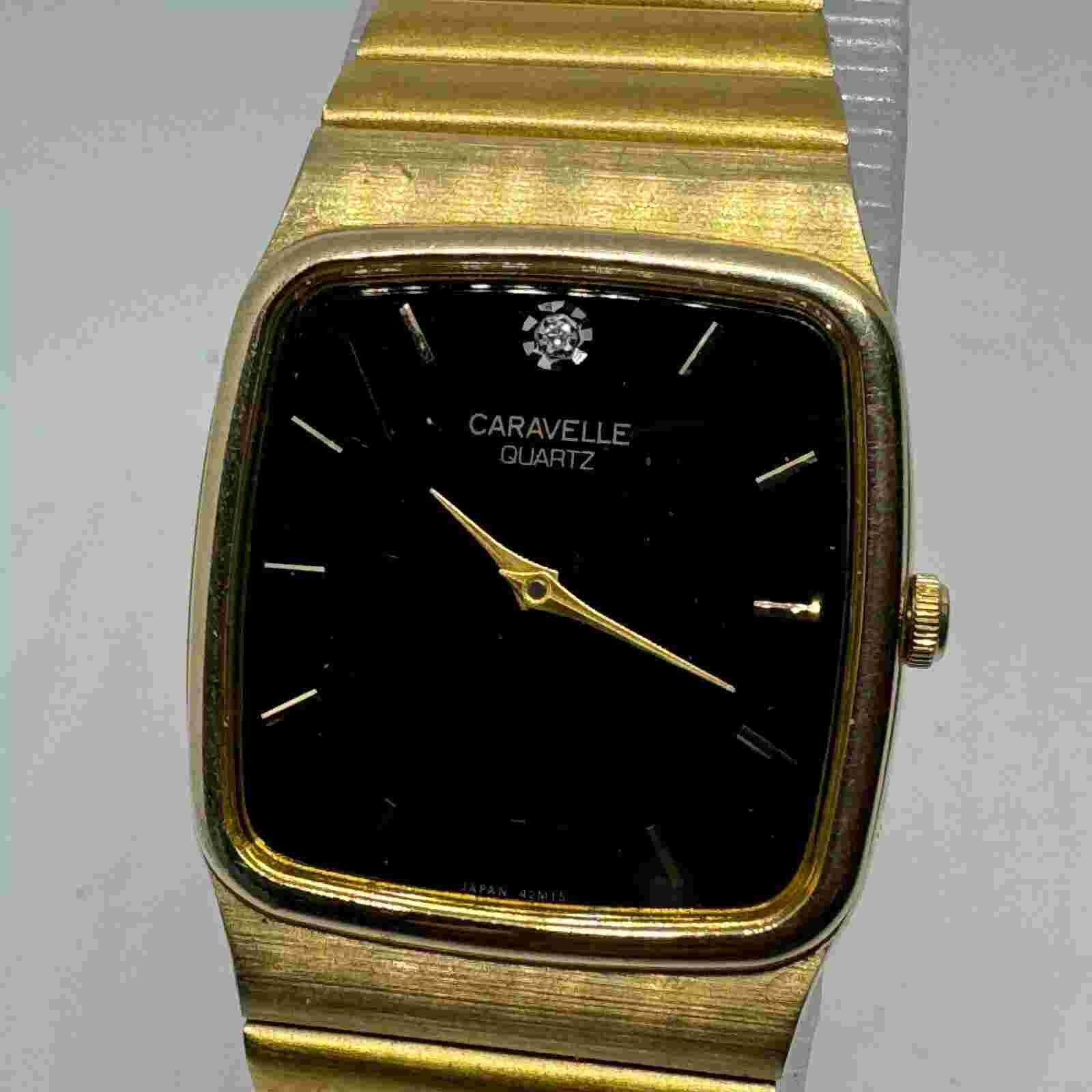 VTG Caravelle Quartz Watch Men Gold Tone Black Diamond Barrel Analog New Battery