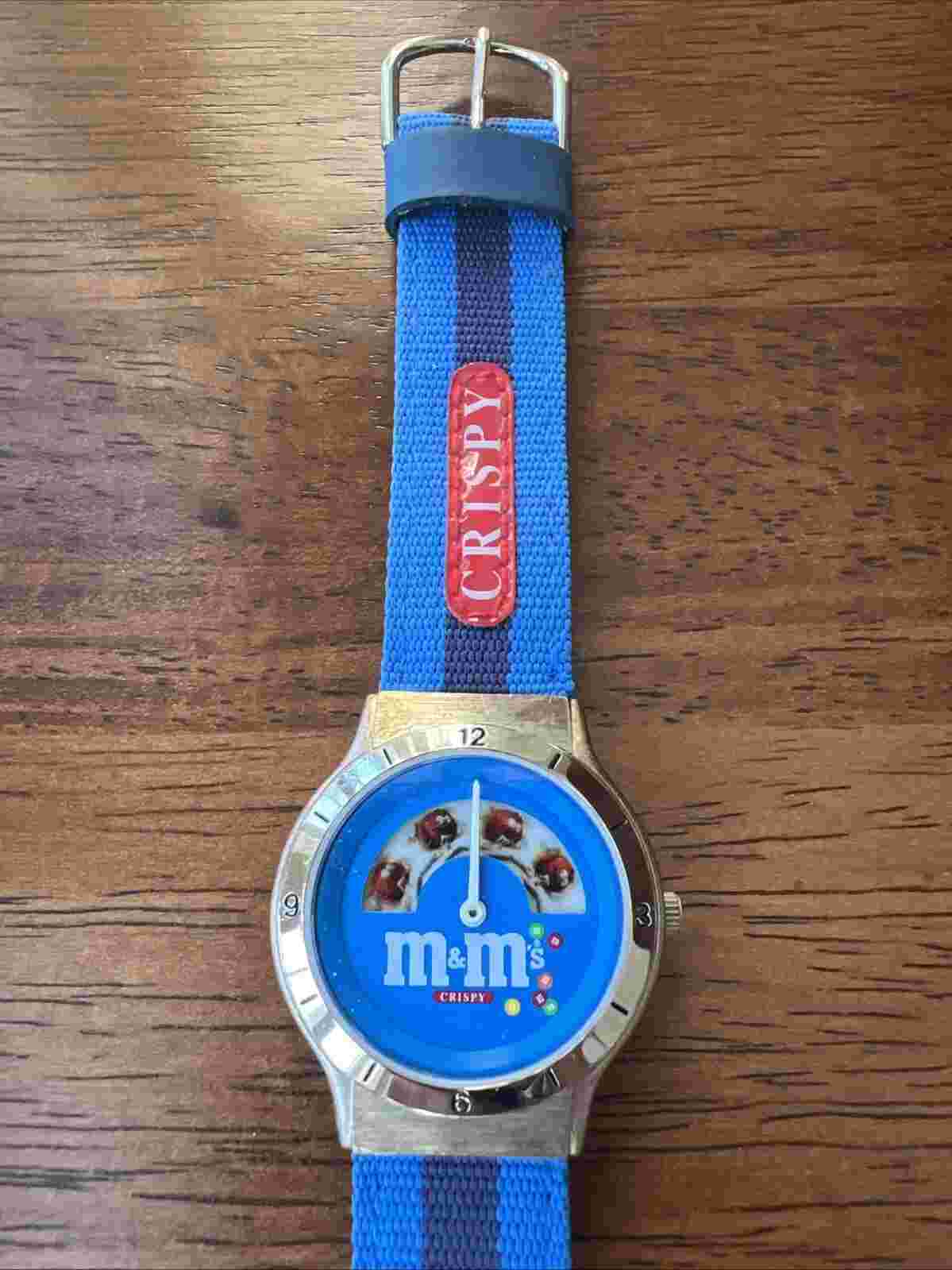 Vintage M&M Crispy Watch Men 35mm Silver Tone Blue Dial 1999 Needs Battery