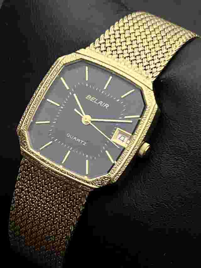 Vintage New 80s BELAIR Tank Mens 30mm Quartz Watch Date Gold Case Bracelet Black