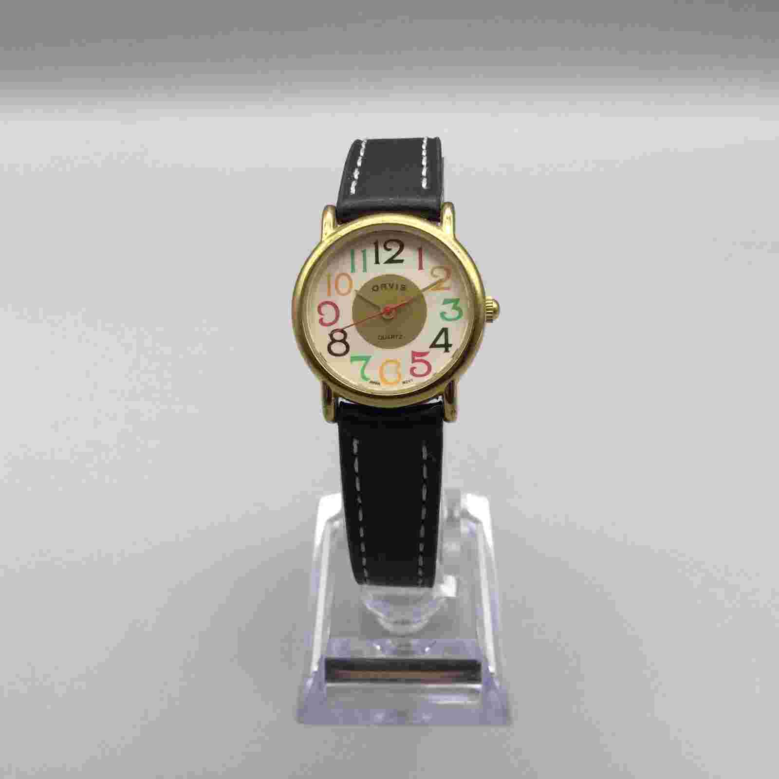 Vtg Orvis Watch Women 26mm Gold Tone White Rainbow Dial Leather New Battery