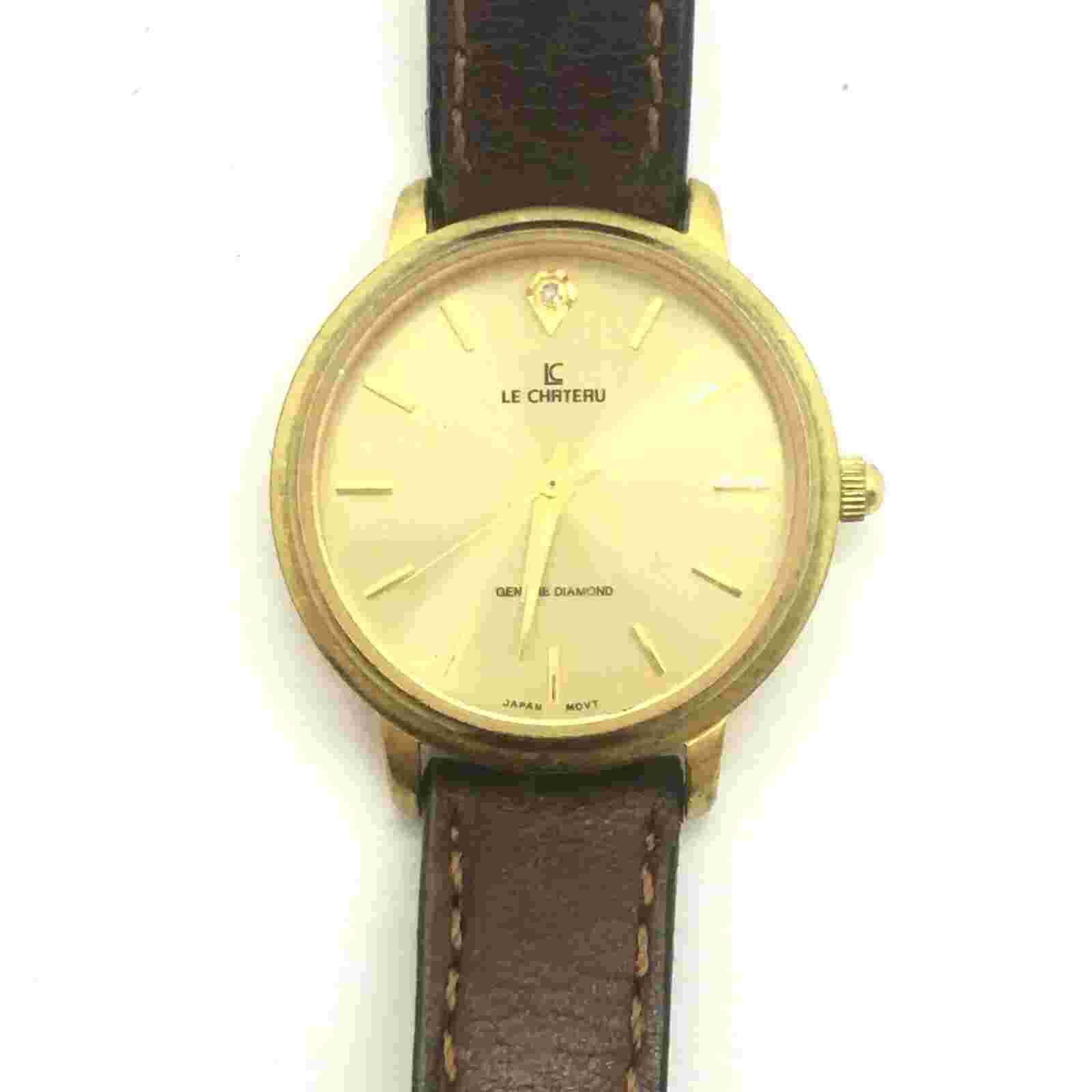 LE CHATEAU 18k Gold Plated & Genuine Diamond Quartz Watch w/Leather Band