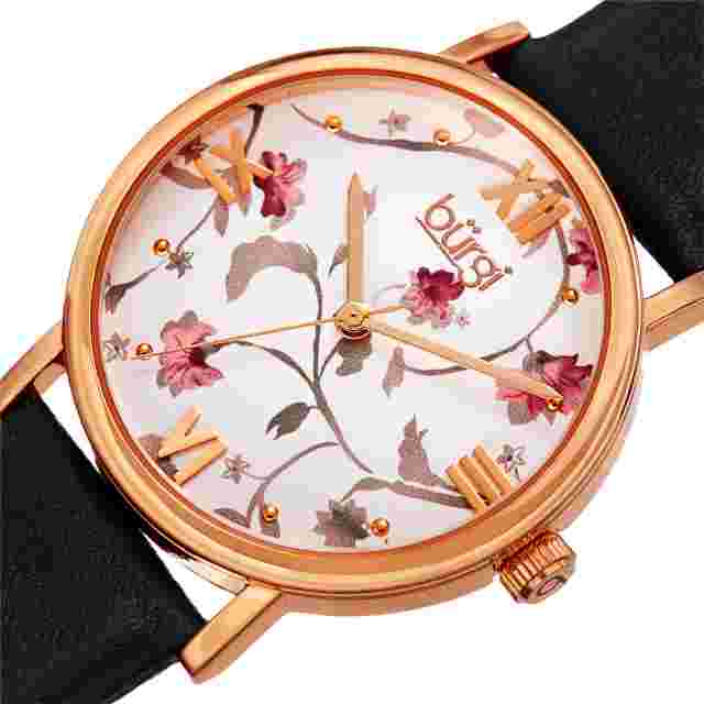 Women's Burgi BUR186BK Null Floral Print Gold Tone Black Leather Strap Watch
