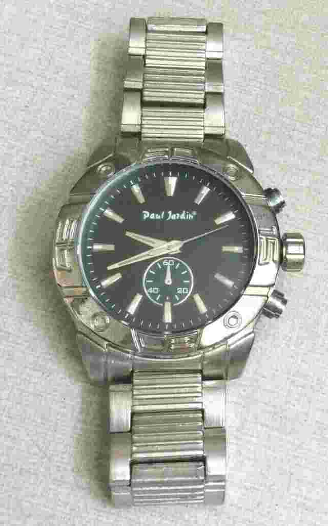Paul Jardin Men's Watch Round Black Dial Index Hours on Silver Linked Band New!