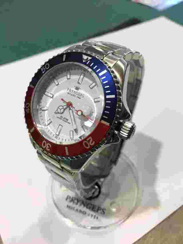 Men's PRYNGEPS Diver Sub 42mm Watch Steel Screw Crown Bezel BLUE RED