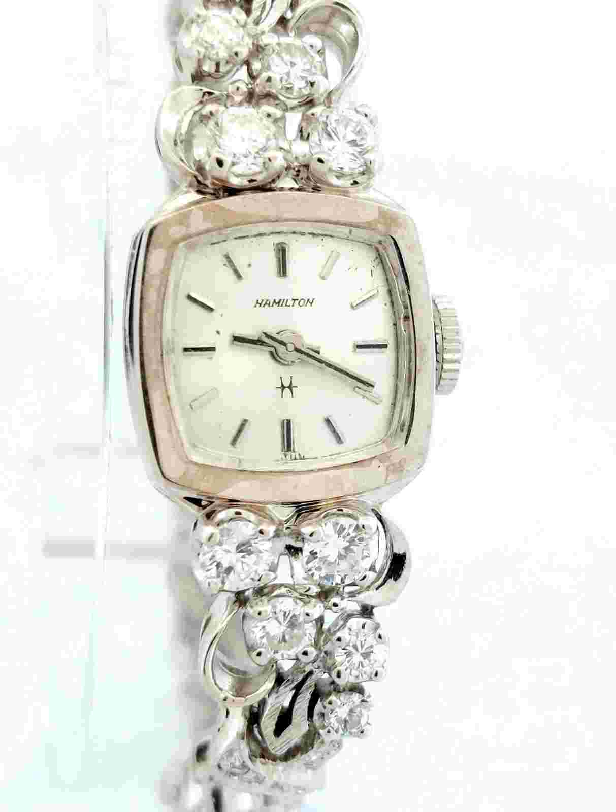 14k White Gold Natural Diamond HAMILTON Ladies Watch 6¼", Necklace 17", Earrings