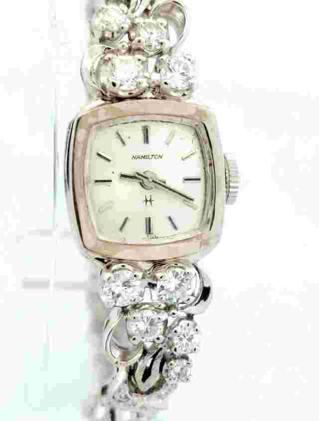 14k White Gold Natural Diamond HAMILTON Ladies Watch 6¼", Necklace 17", Earrings