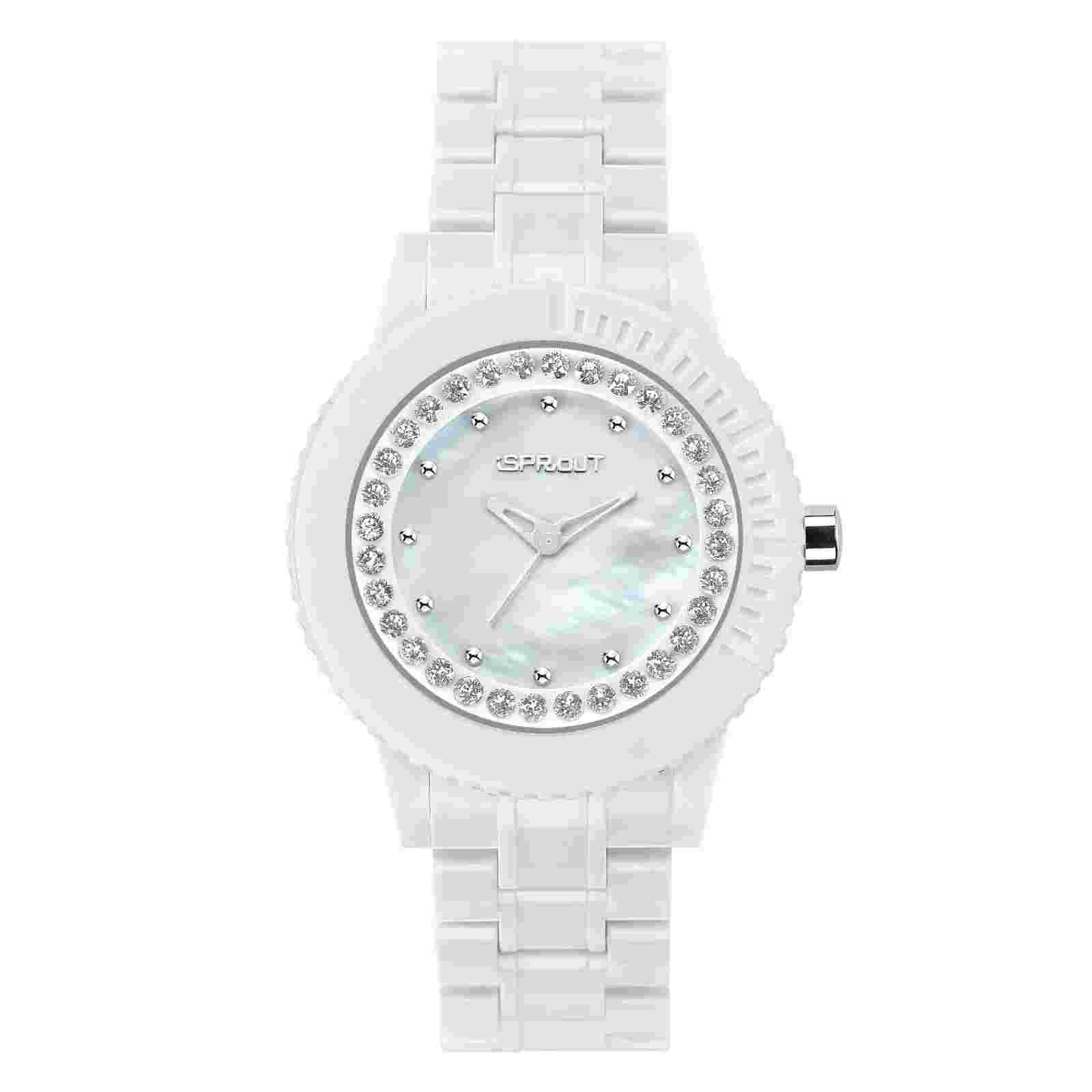 NEW-SPROUT WHITE CORN RESIN+MOP+CRYSTAL+SILVER DETAILS DIAL WATCH ST/6504MPCL,WT