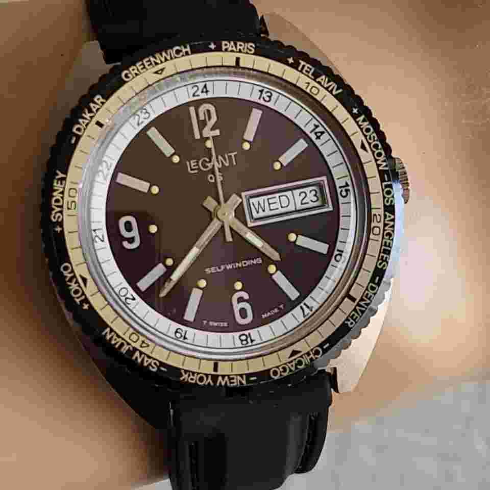 Vintage LeGANT GMT men's automatic watch WORLD TIME Ronda 239 swiss made 1970s