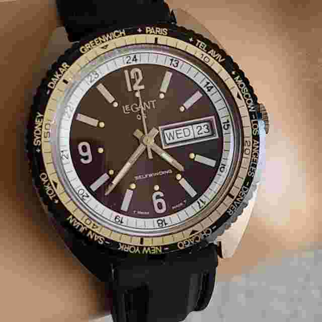 Vintage LeGANT GMT men's automatic watch WORLD TIME Ronda 239 swiss made 1970s