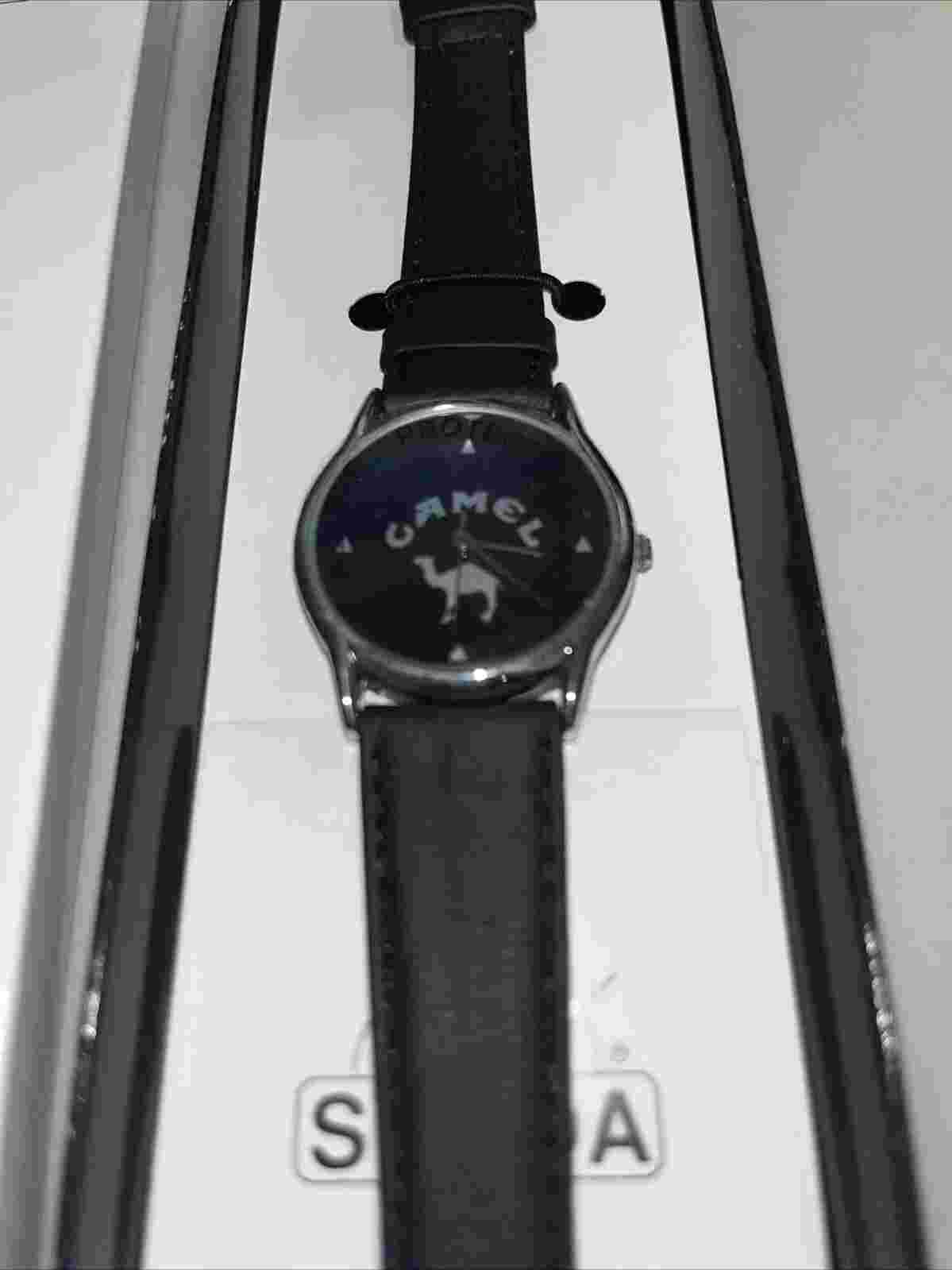 VINTAGE CAMEL ONYX SWEDA BLACK FACE COLLECTIBLE WATCH WITH LEATHER BAND Need Bat