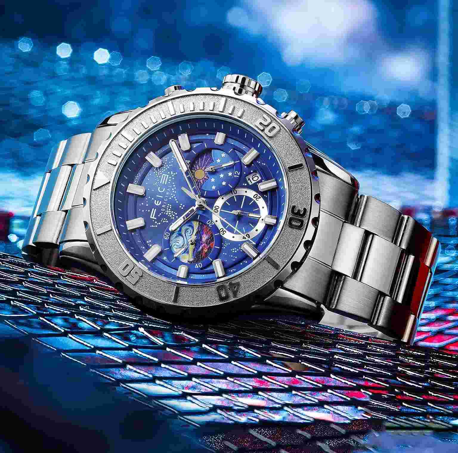 Feice Men's Chronograph Quartz Watch Japan Movement Rotating Bezel Waterproof