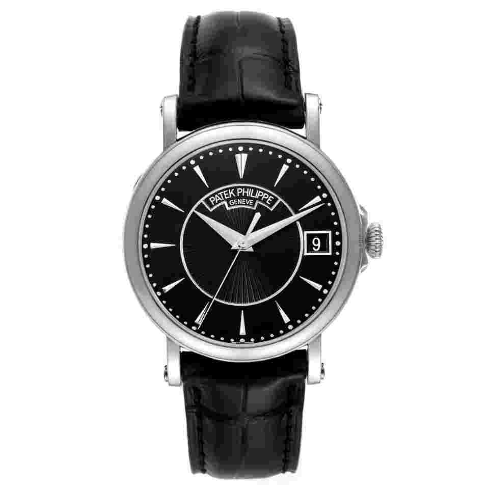 Patek Philippe Calatrava 18k White Gold Black Dial Mens Watch 5153G Pouch Papers