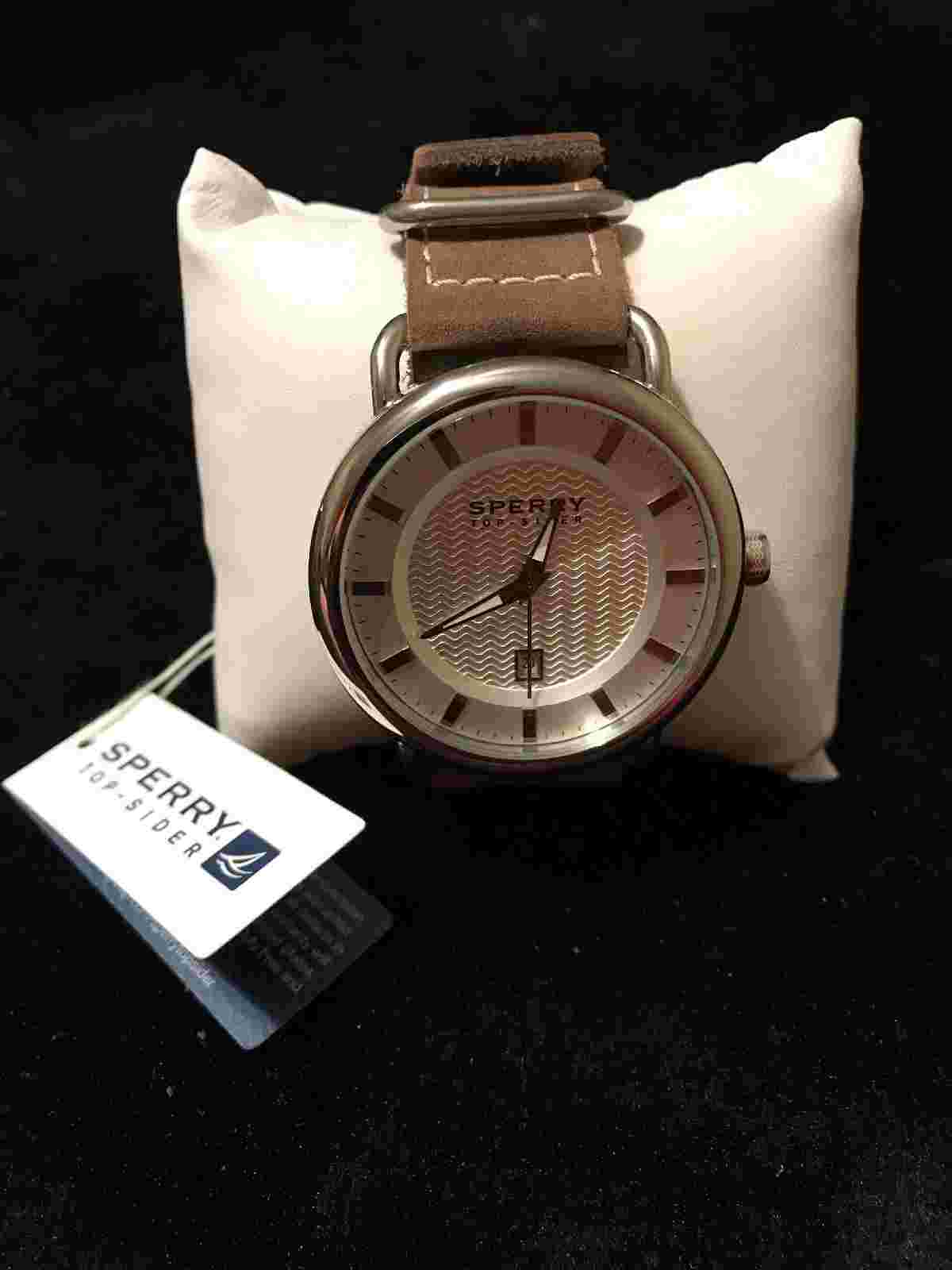 Sperry Top Sider Watch Leather Military Style Band Strap Brown Silver