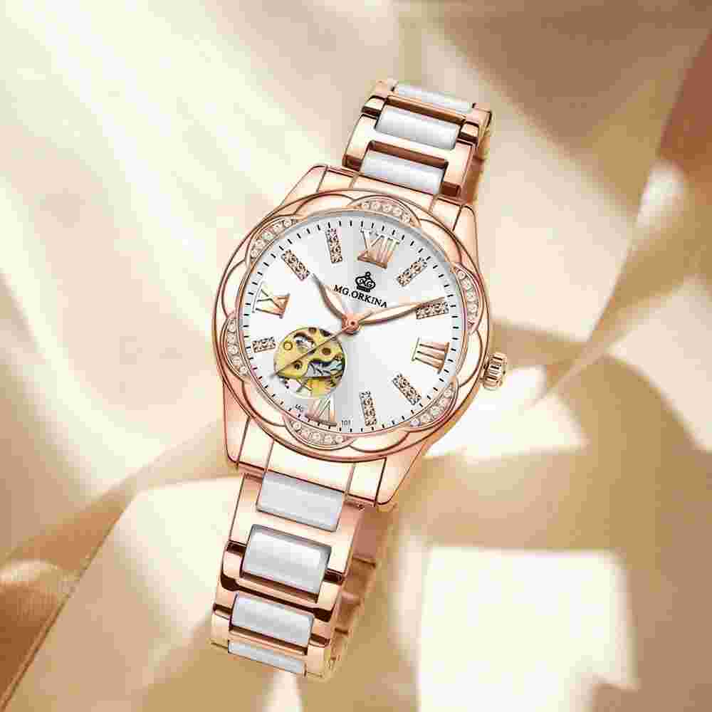New Women Mechanical Automatic Skeleton Crystal Petal Shape Ceramic Wristwatches