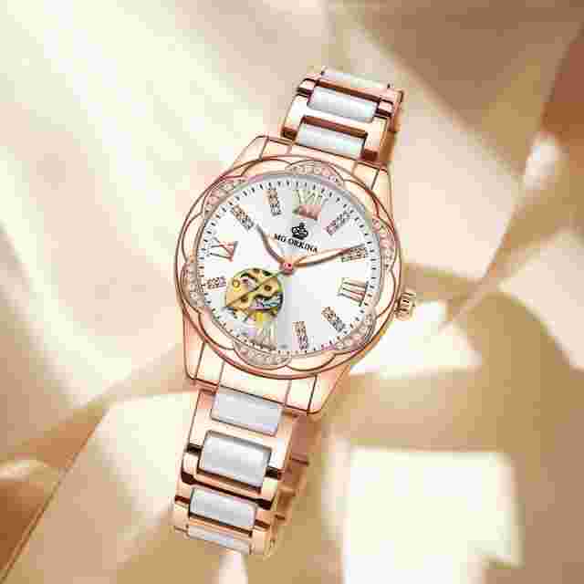 New Women Mechanical Automatic Skeleton Crystal Petal Shape Ceramic Wristwatches