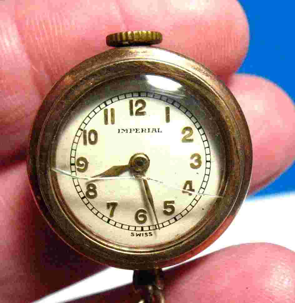 VINTAGE IMPERIAL GOLD ENAMEL WATCH PIN NOT WORKING BOW DANGLING