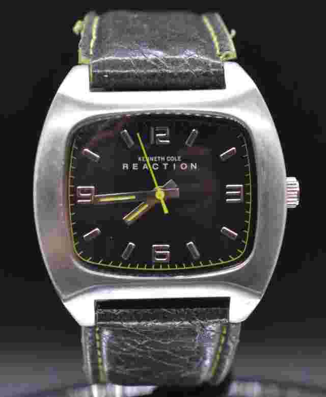 KENNETH COLE REACTION Watch Men Silver Tone Black Dial Leather Band NEW BATTERY