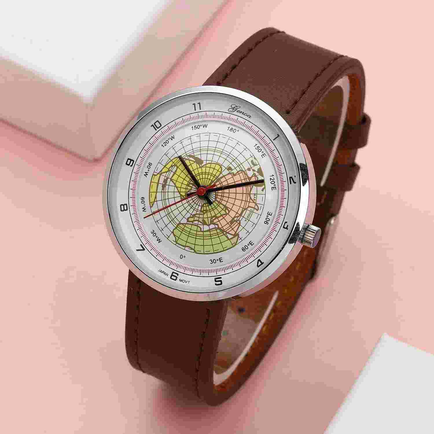 GENOA Miyota Japanese Movement 3D Earth Pattern Dial Watch Brown Leather Strap