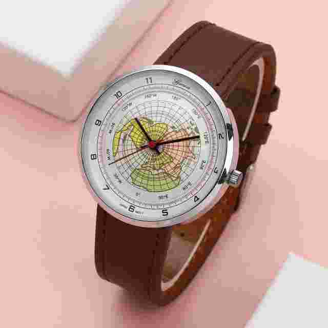 GENOA Miyota Japanese Movement 3D Earth Pattern Dial Watch Brown Leather Strap