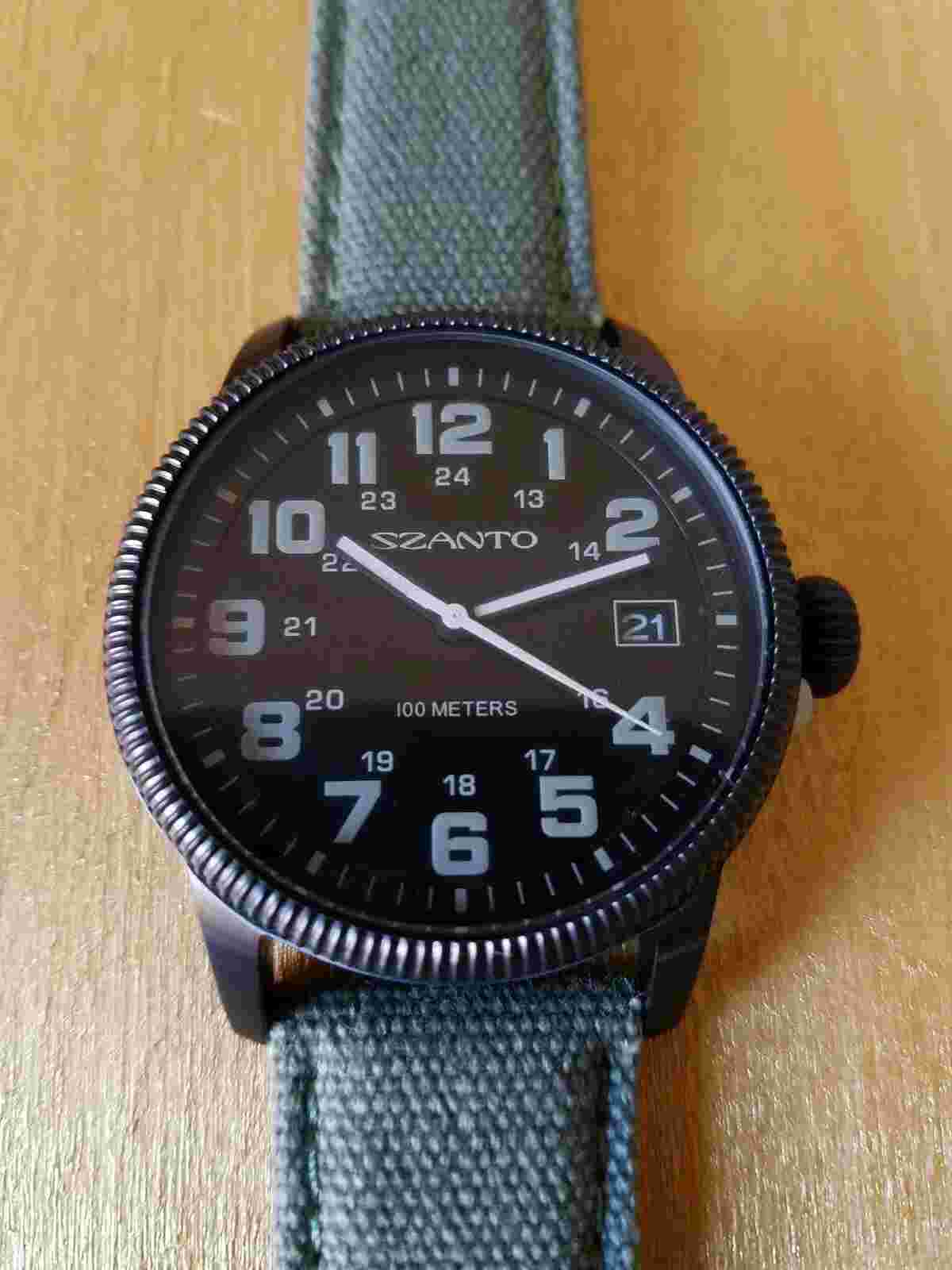 Szanto 1100 Series Black Dial SS Green Textile Vintage-Inspired Military Watch