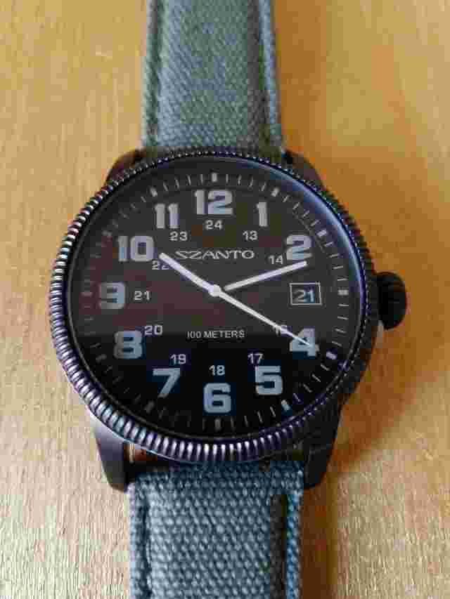 Szanto 1100 Series Black Dial SS Green Textile Vintage-Inspired Military Watch