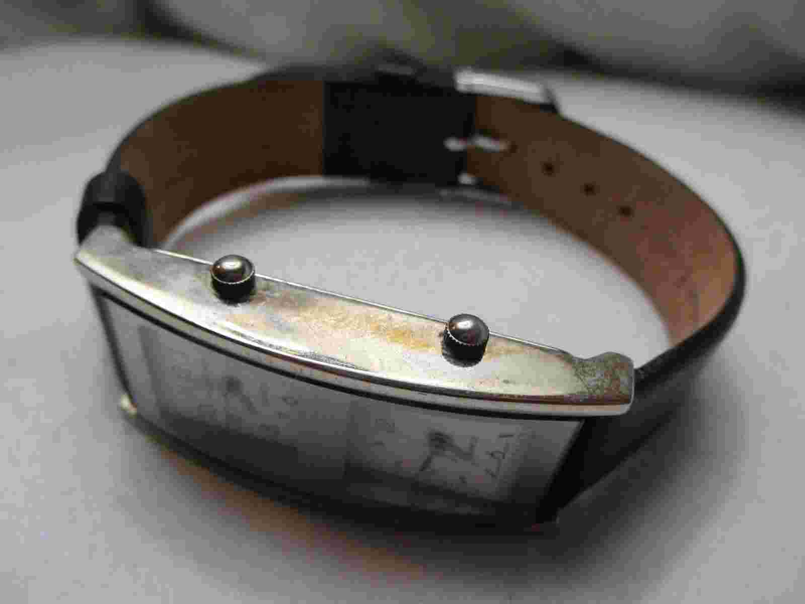 Vernier Wristwatch Black Buckle Leather Band Two Dials Silver Tone