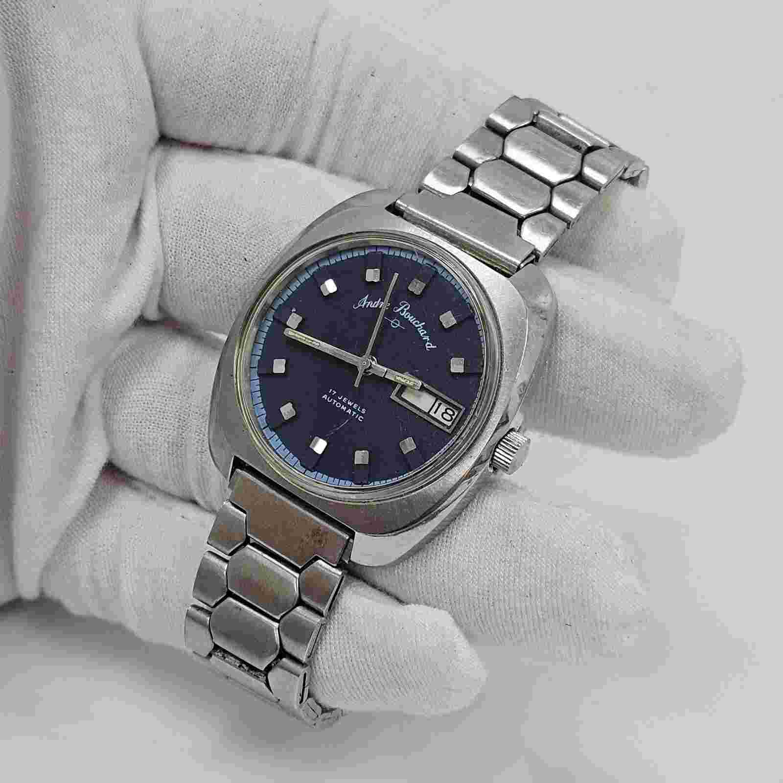Vintage Andre Bouchard Blue Dial 17 Jewels Automatic Date Mens Wrist Watch Runs