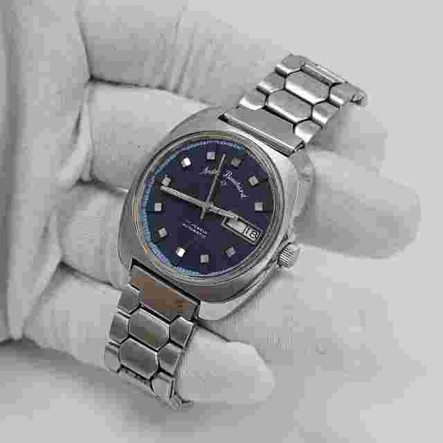 Vintage Andre Bouchard Blue Dial 17 Jewels Automatic Date Mens Wrist Watch Runs