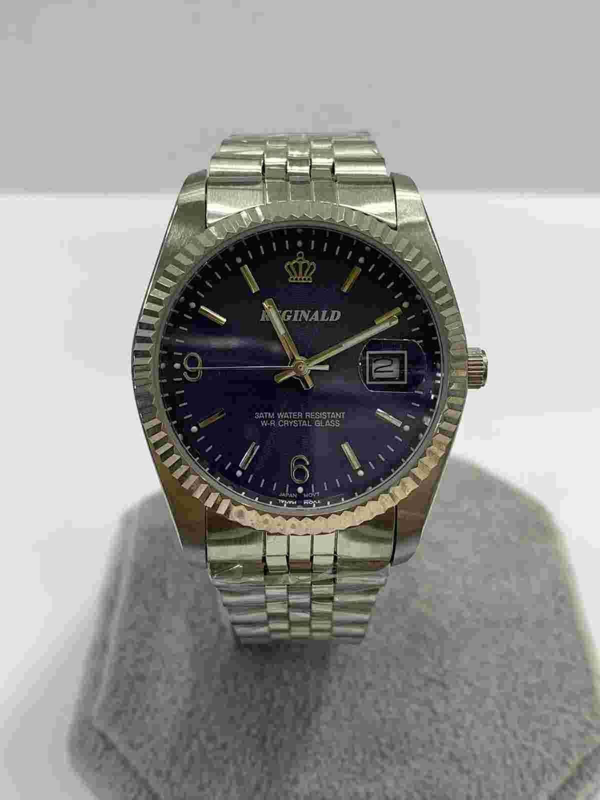 Reginald Mens Wrist Watch Silver Navy Blue Analog Date Quartz New Battery. New