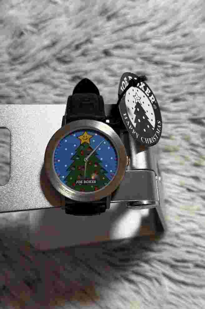 Vintage 1996 Joe Boxer Happy Christmas Tree Watch New Leather Needs Battery