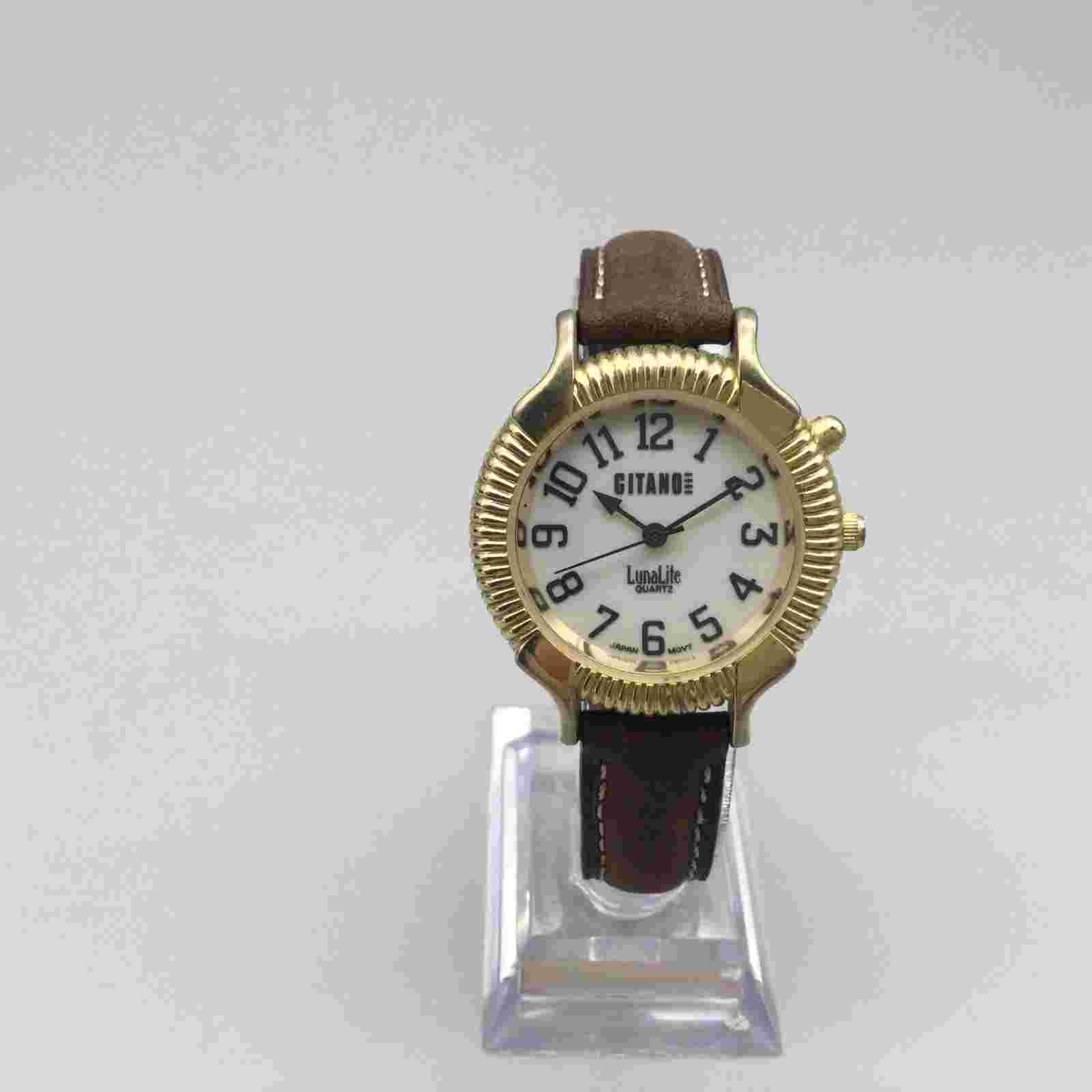 Vtg Gitano Watch Women Gold Tone Lunalite Backlight Brown Leather New Battery a2