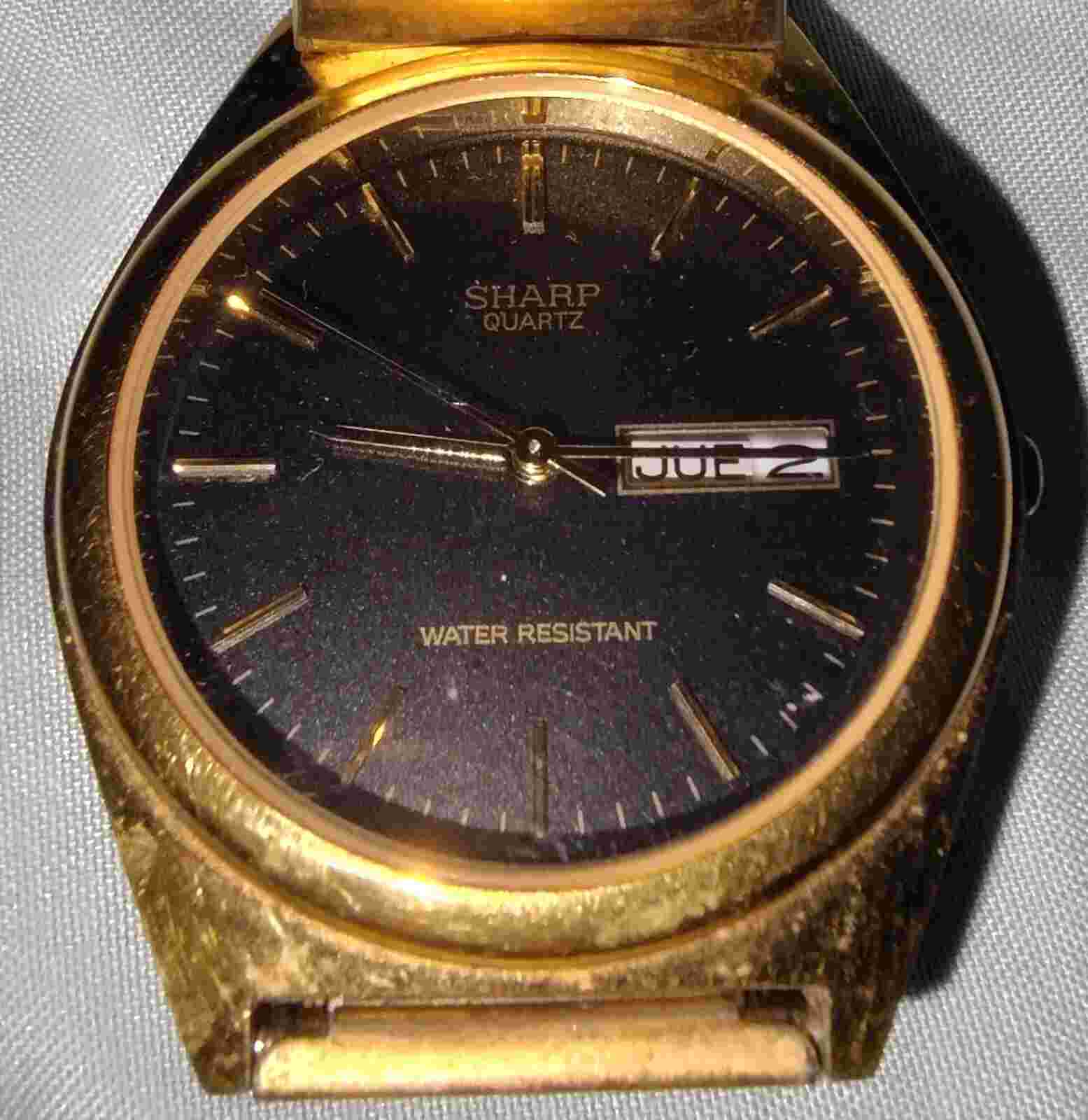 Sharp Men Watch Gold Stainless Steel Stretch WR Day Date Battery Black Quartz
