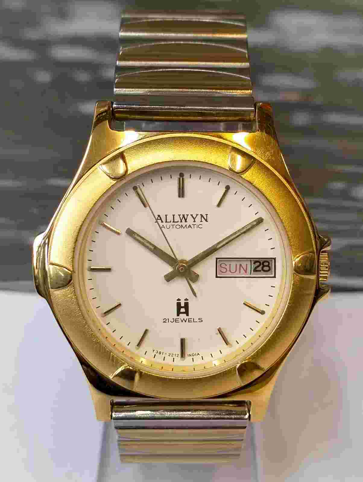 ALLWYN 21 JEWELS AUTOMATIC NOS WHITE DIAL Y381-8460 INDIA MEN'S FULL WORKING VTG