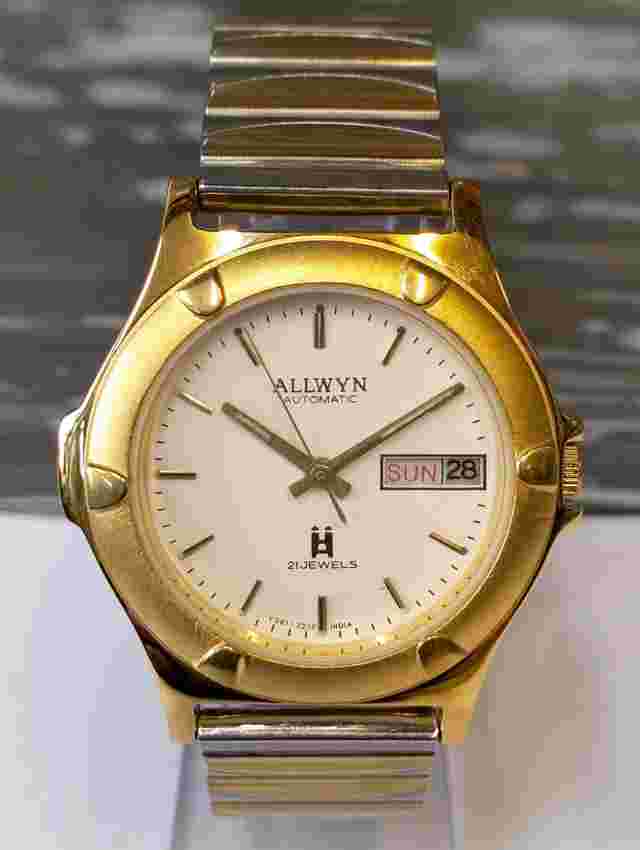 ALLWYN 21 JEWELS AUTOMATIC NOS WHITE DIAL Y381-8460 INDIA MEN'S FULL WORKING VTG