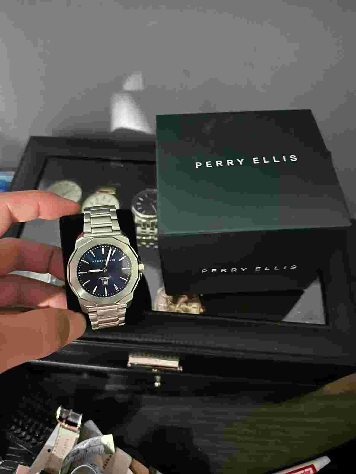 Perry Ellis Decagon Men's Watch 46mm Steel/ Navy Blue Dial