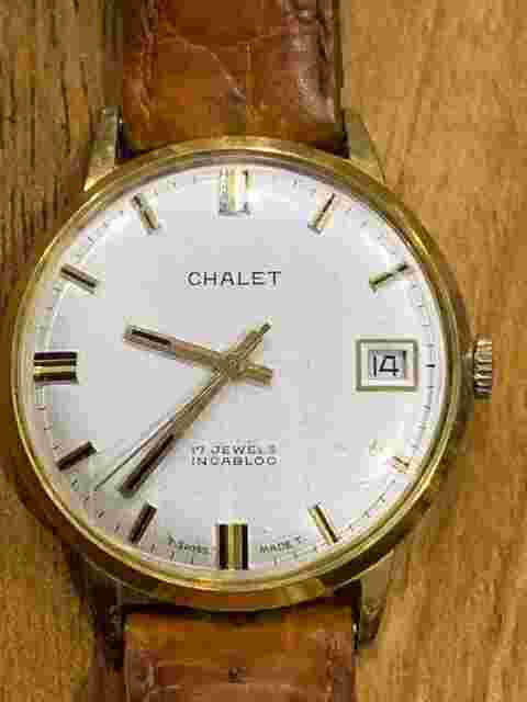 Vintage Swiss Made Chalet Date Dial Mechanical Gents Leather Watch -34mm -Works