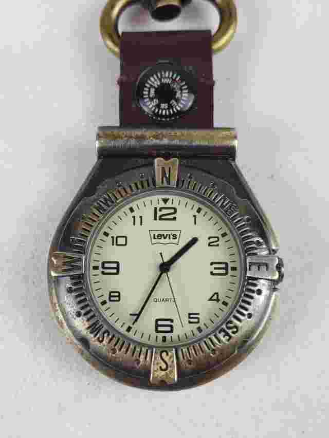 Vintage Levi's Carabiner Pocket Watch Men Gold Tone Compass - New Battery