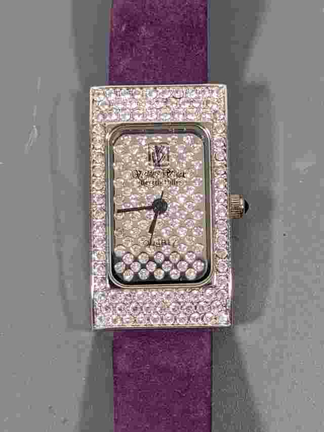 Victoria Wieck Crystal Pave Rectangle Case Purple Leather Band Watch Adjustable
