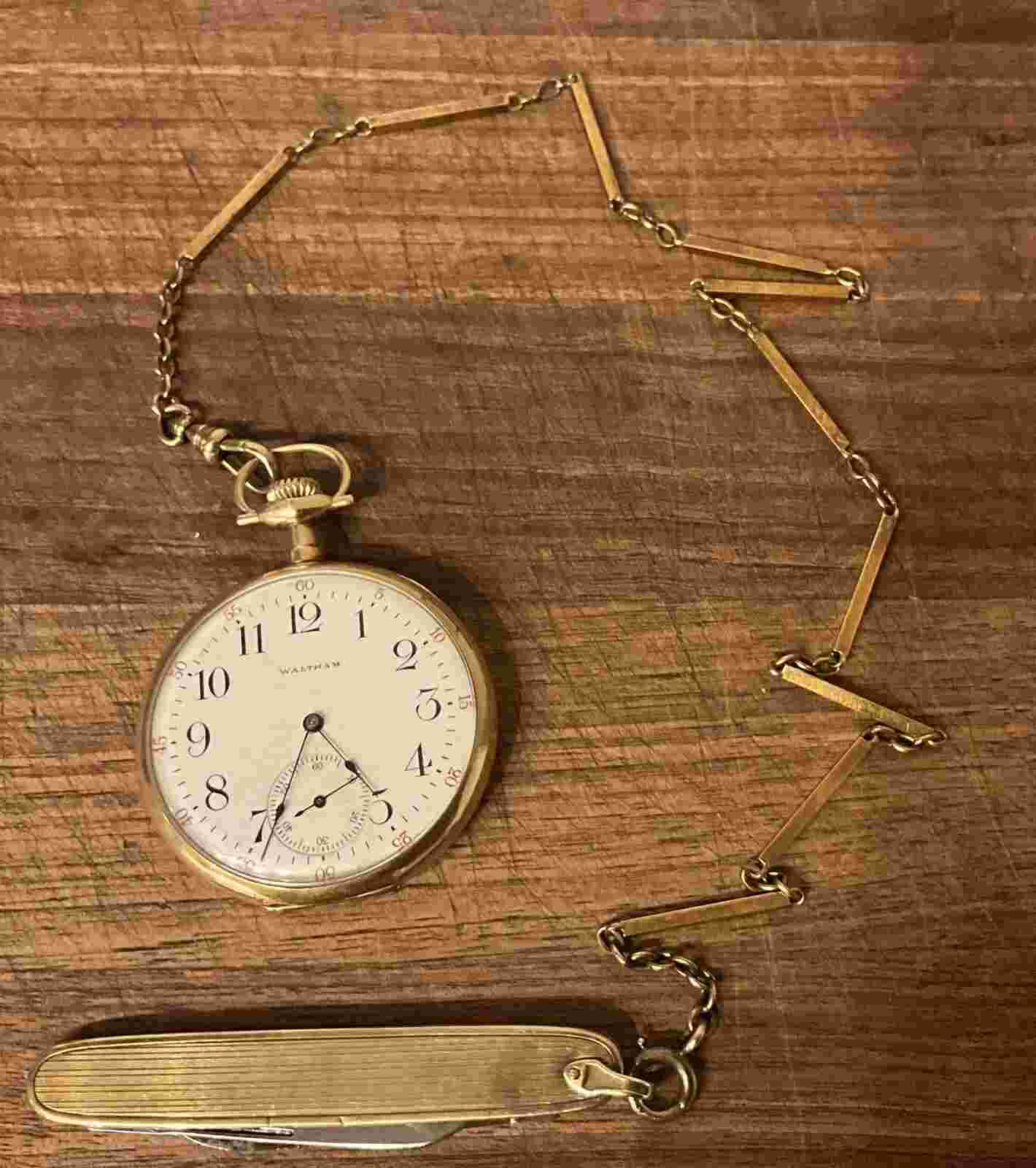 Waltham 1910 Pocket Watch 17 Jewels Grade 230 14k Gold W/  Chain & Pocket Knife