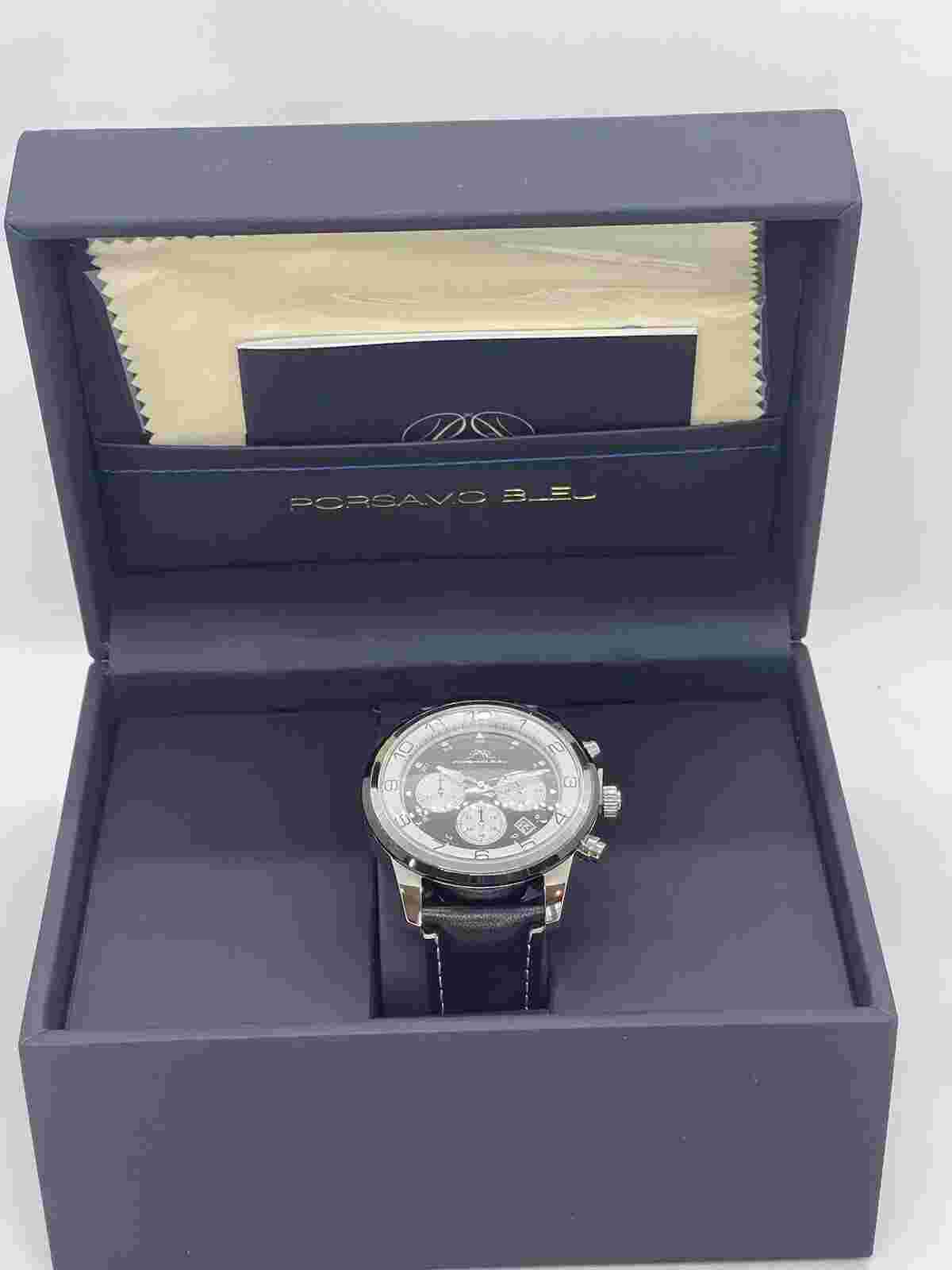 NEW PORSAMO BLEU Men’s 44mm Arthur Genuine Leather Black Strap Chronograph Watch