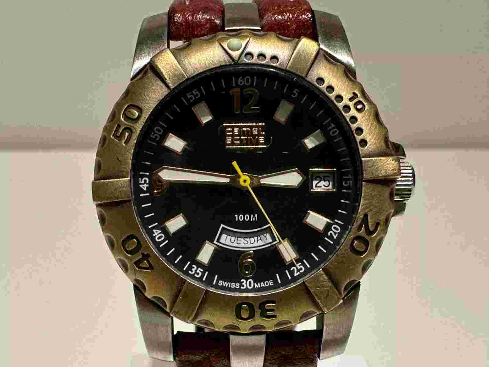 VINTAGE ORIGINAL SPORT DIVER S STYLE 42mm SWISS MEN'S QUARTZ WATCH "CAMEL"ACTIVE