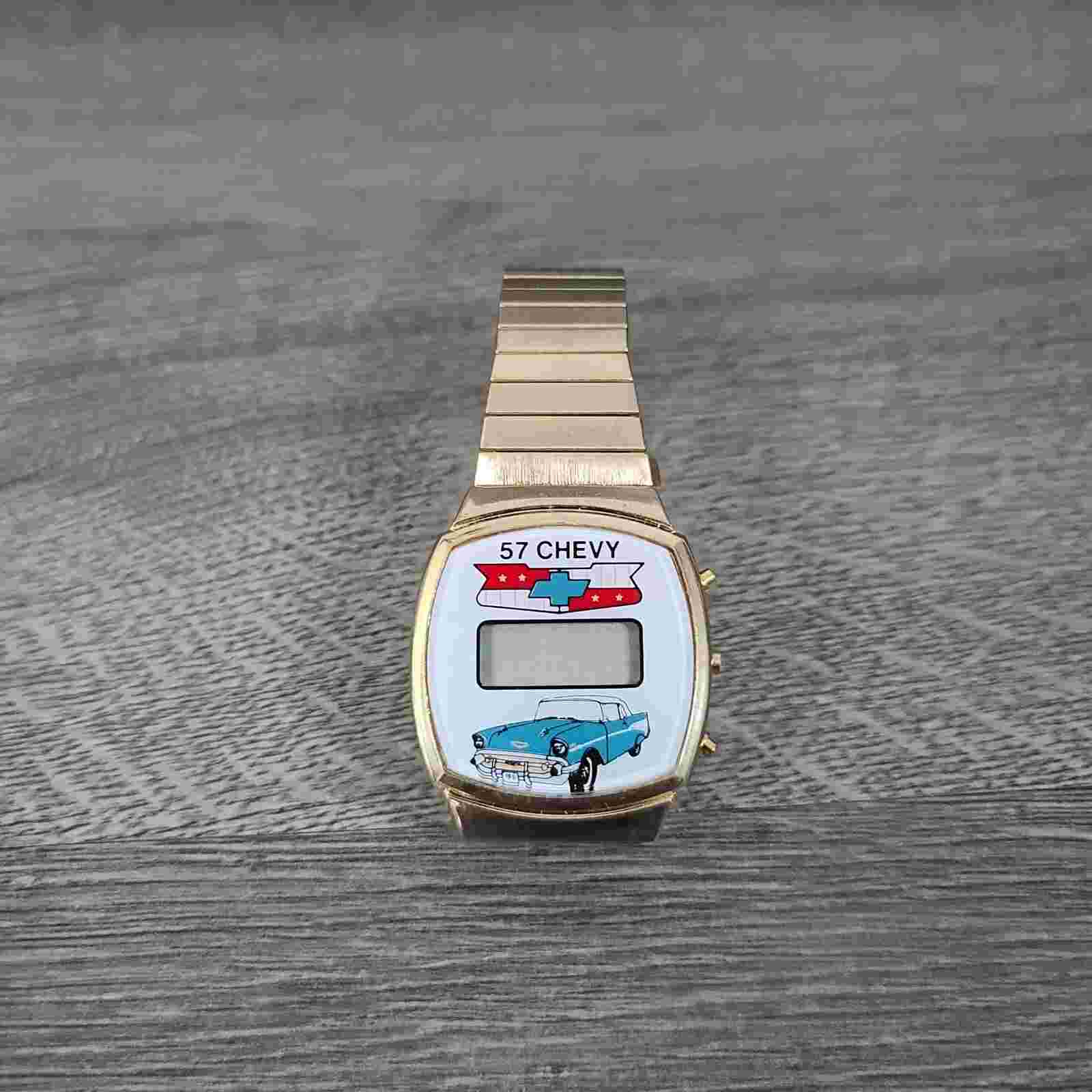 Vtg 57 Chevy Digital Mechanical Wristwatch Chevrolet Bowtie Emblem Gold Steel