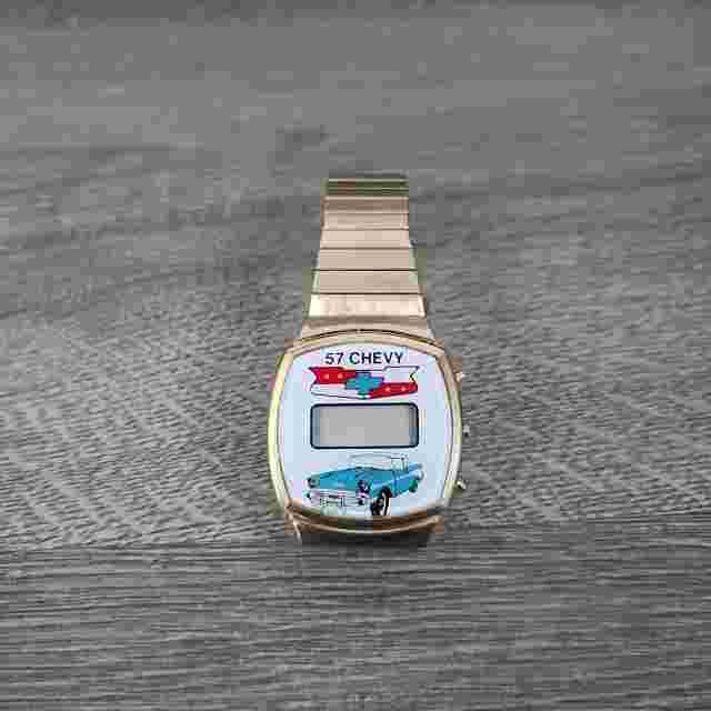 Vtg 57 Chevy Digital Mechanical Wristwatch Chevrolet Bowtie Emblem Gold Steel