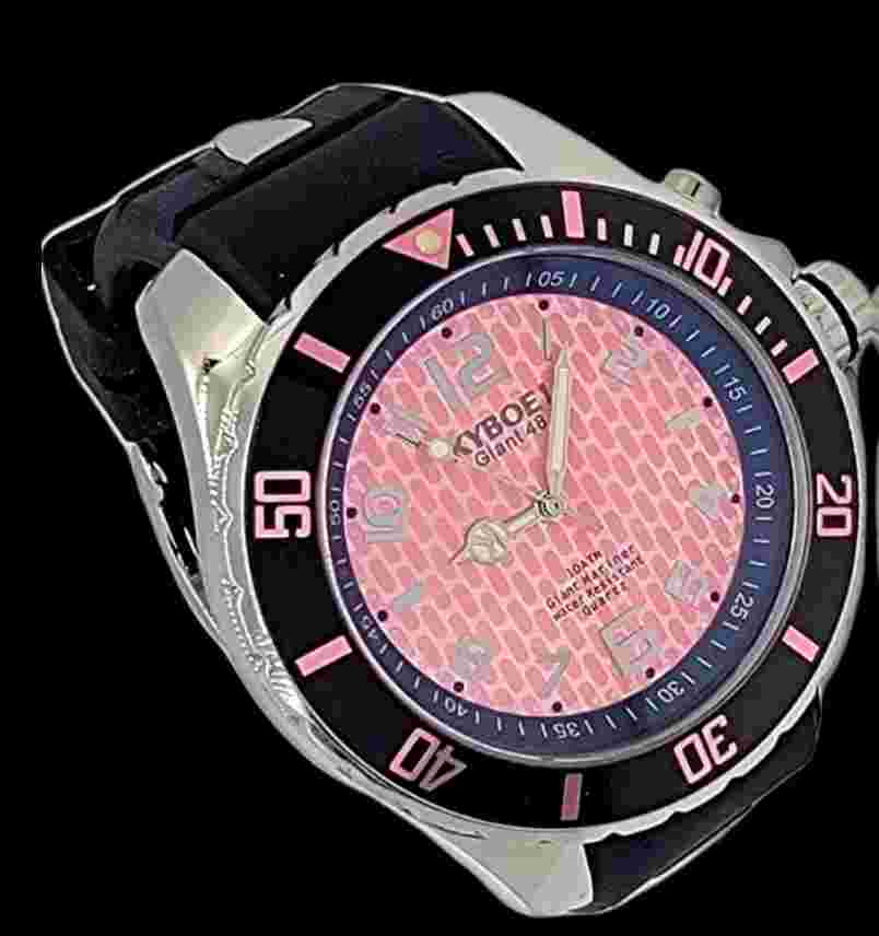 Kyboe! Men Watch Giant 48MM Stainless Case Black Silicone Band Pink Dial 100M WR