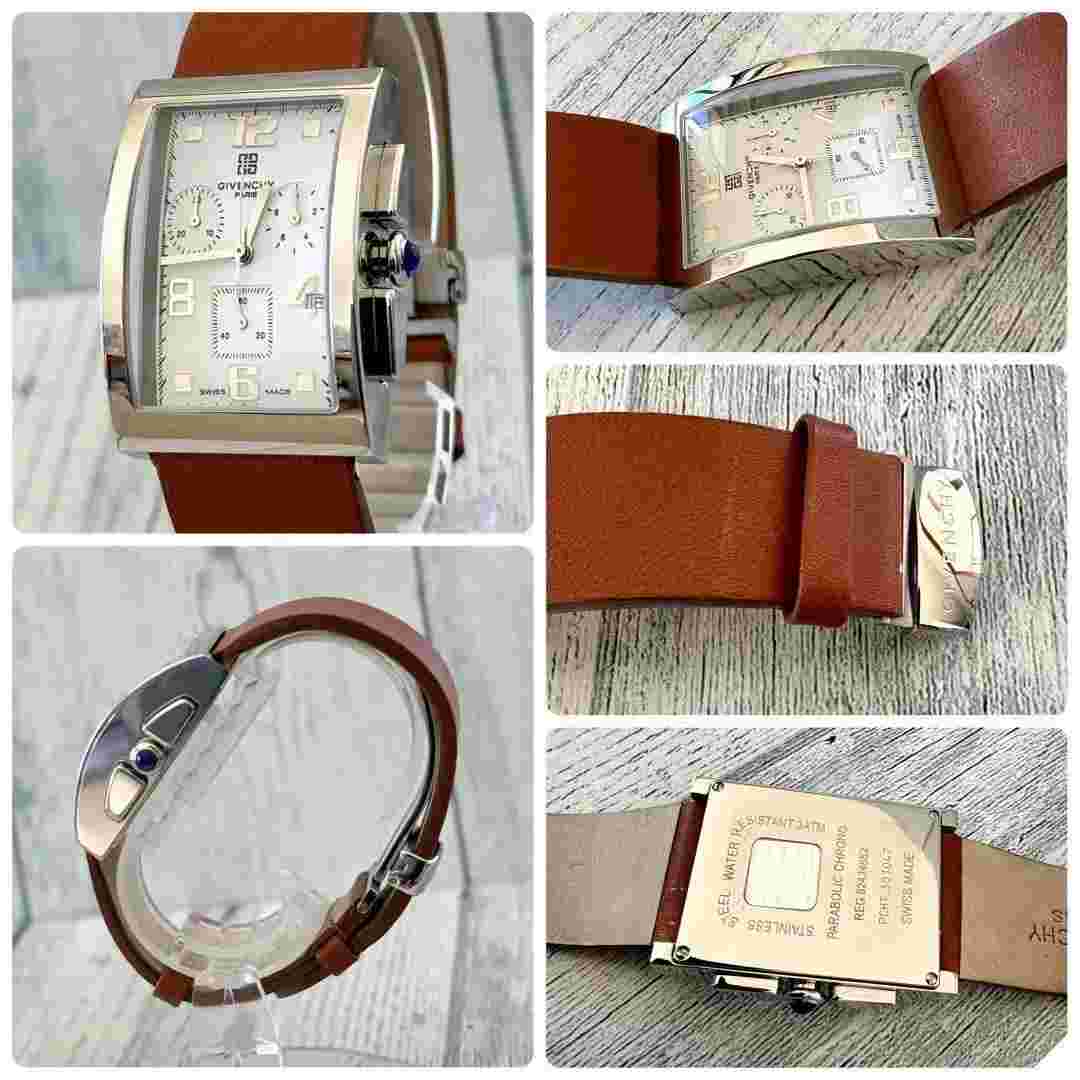 GIVENCHY Men's Analogue Watch Square Chronograph Rare White Silver Brown Used