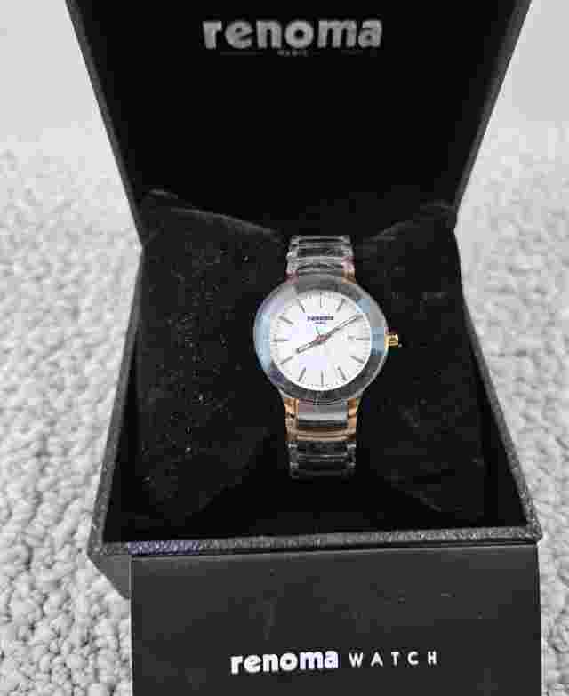 New NIB Women's Renoma Paris 30mm Quartz Watch White Dial Two-Tone Band Runs