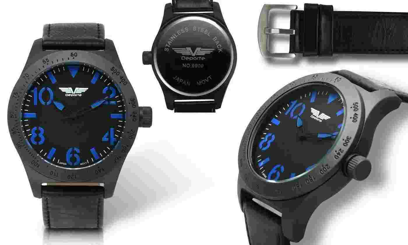 NEW Deporte 9909 Men's MONDELLO Blue Accent Black Dial Black Leather Strap Watch