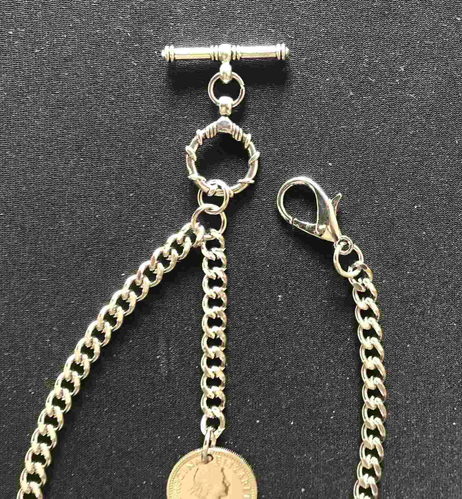 Albert pocket watch chain with a "Lucky"ER II sixpence fob,silver colour 4 sizes